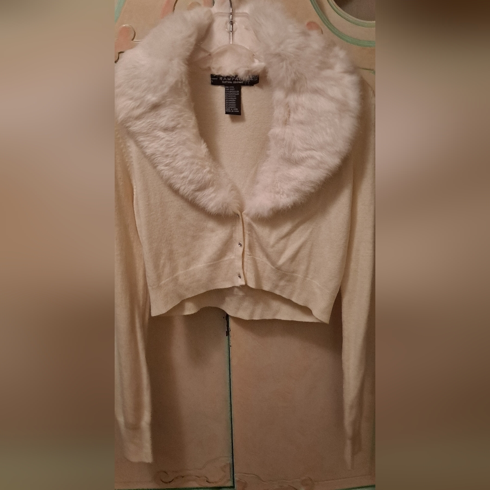 Winter White Rampage Cardigan with detachable faux fur collar Rhinestone buttons